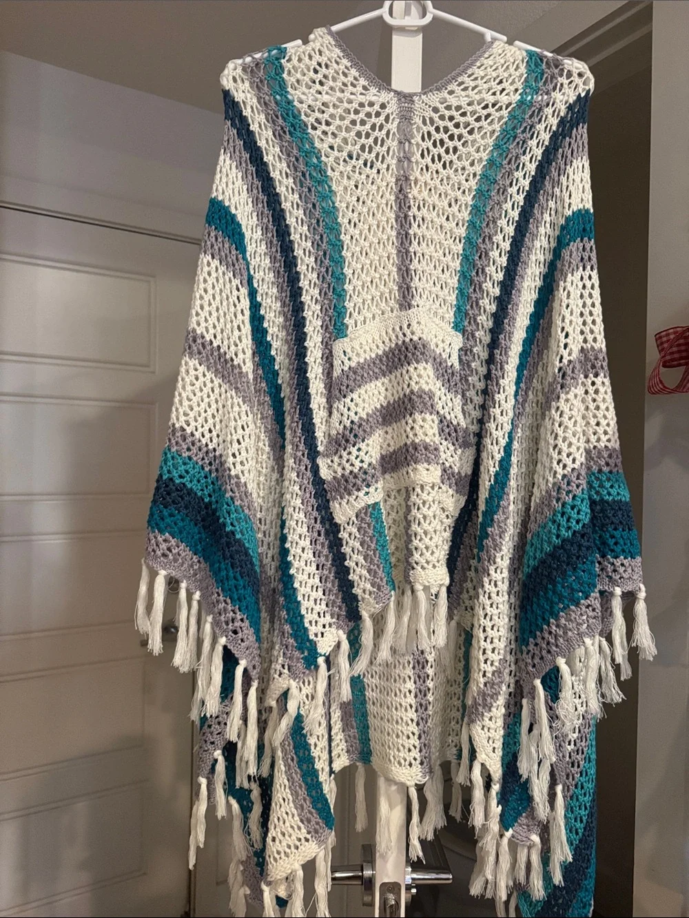 lovestitch Open-Knit Hooded Fringe Poncho in White, Teal & Gray - Picture 2 of 2